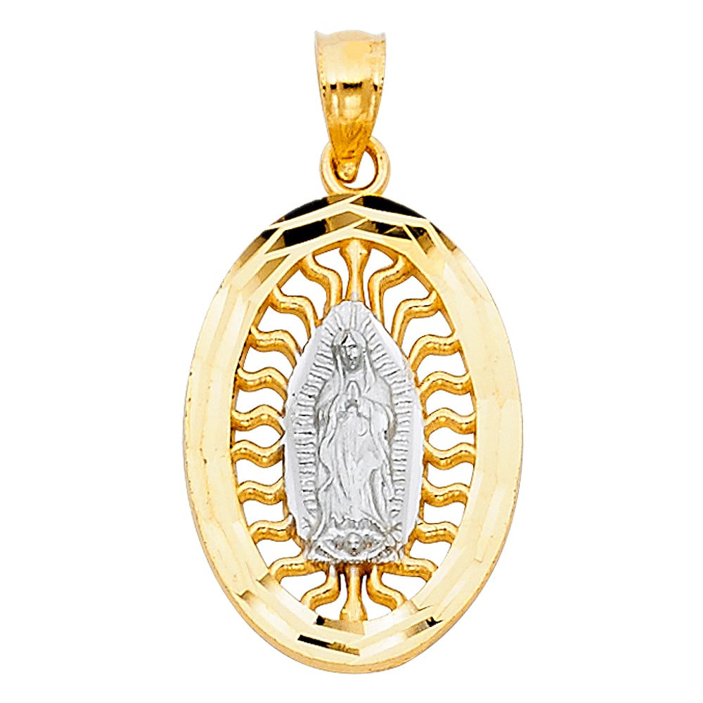 14K 2T OUR LADY OF GUADALUPE PENDANT: 14K 2T Our Lady of Guadalupe Pendant Type: Pendant Material Type: 14k Gold Material Color: Two Tone Avg. Weight: 1.12 Gr. Size: Height : 20 mm,Width : 14 mm Accessories: None Notice: When