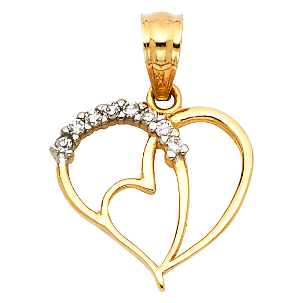 14K 2T CZ HEART PENDANT: 14K 2T CZ Heart Pendant Type: Pendant Material Type: 14k Gold Material Color: Two Tone Avg. Weight: 0.62 Gr. Size: Height : 12 mm Width : 13 mm Accessories: None Notice: When purchasing pr
