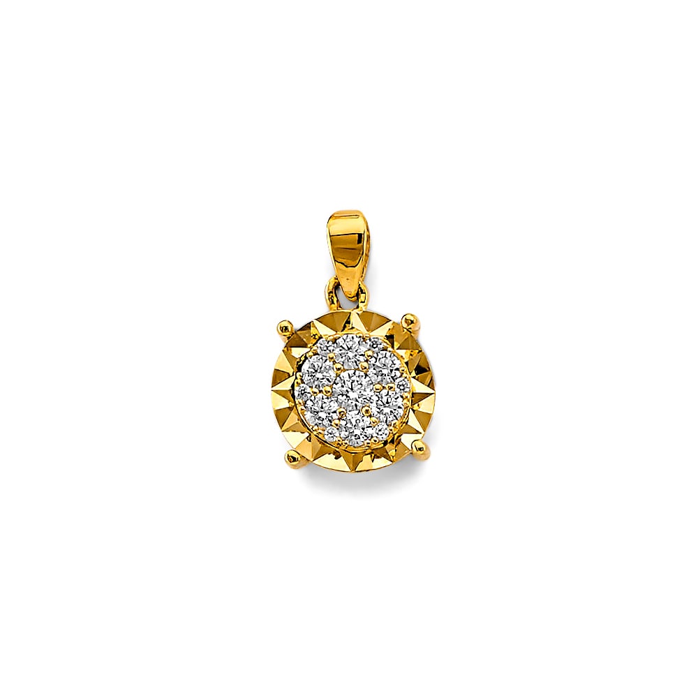 14KY CZ CLUSTER PENDANT/SET: 14KY CZ Cluster Pendant/Set Type: Pendant Material Type: 14k Gold Material Color: Two Tone Avg. Weight: 1.66 Gr. Size: Height : 15 mm, Width : 10 mm Accessories: None Notice: When purchasing