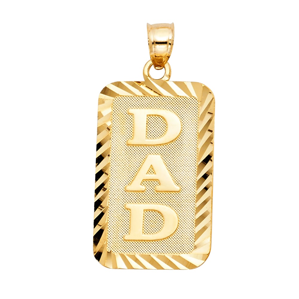 14KY DAD PENDANT: 14KY Dad Pendant Type: Pendant Material Type: 14k Gold Material Color: Yellow Avg. Weight: 2.9 Gr. Size: Height : 35 mm Width : 15 mm Accessories: None Notice: When purchasing pre-owned goods, please