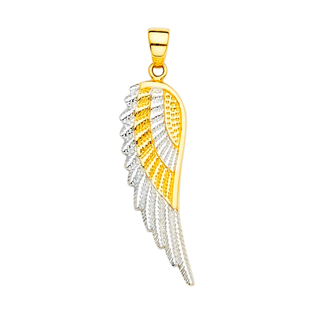 14K 2T WING PENDANT: 14K 2T Wing Pendant Type: Pendant Material Type: 14k Gold Material Color: Two Tone Avg. Weight: 1.63 Gr. Size: Height : 34 mm,Width : 9 mm Accessories: None Notice: When purchasing pre-owned goods,