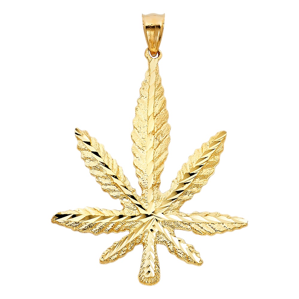 14KY MARIJUANA LEAF PENDANT: 14KY Marijuana Leaf Pendant Type: Pendant Material Type: 14k Gold Material Color: Yellow Avg. Weight: 8.89 Gr. Size: Height : 52 mm Width : 45 mm Accessories: None Notice: When purchasing pre-owned