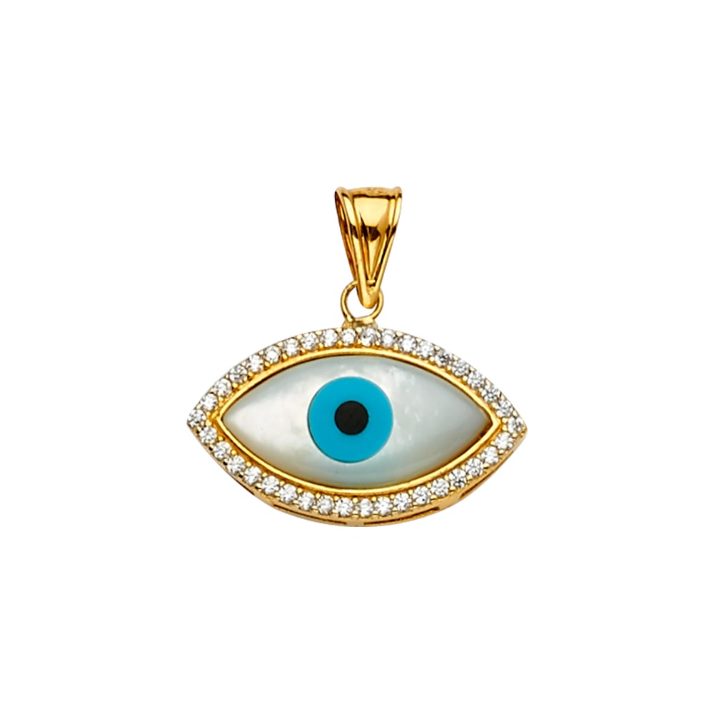 14K MOTHER OF PEARL+CZ EVIL EYE PENDANT: 14K Mother of Pearl+CZ Evil Eye Pendant Type: Pendant Material Type: 14k Gold Material Color: Yellow Avg. Weight: 2.01 Gr. Size: Height : 20 mm,Width : 20 mm Accessories: None Notice: When
