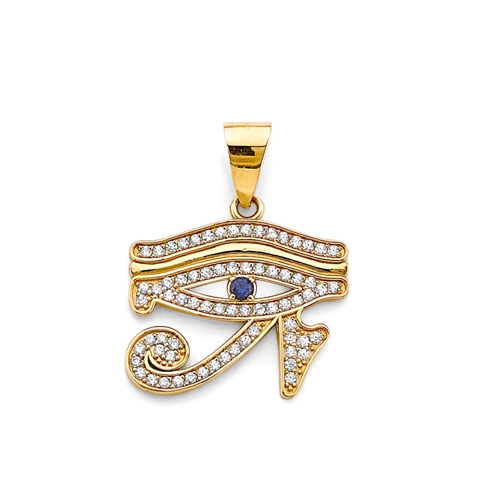 14K 2T EYE OF HORUS PENDANT: 14K 2T Eye of Horus Pendant Type: Pendant Material Type: 14k Gold Material Color: Two Tone Avg. Weight: 1.93 Gr. Size: Height : 20 mm, Width : 18 mm Accessories: None Notice: When purchasing