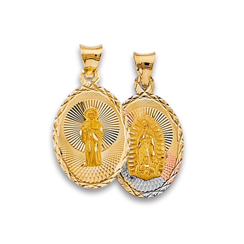 14K 3C RELIGIOUS STAMP PENDANT: 14K 3C Religious Stamp Pendant Type: Pendant Material Type: 14k Gold Material Color: Tri Color Avg. Weight: 1.59 Gr. Size: Height : 25 mm, Width : 13 mm Accessories: None Notice: When purc