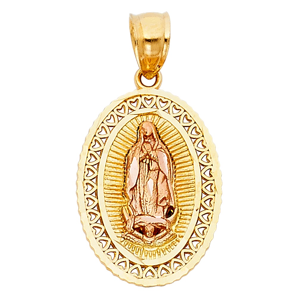 14K 2T OUR LADY OF GUADALUPE PENDANT: 14K 2T Our Lady of Guadalupe Pendant Type: Pendant Material Type: 14k Gold Material Color: Two Tone Avg. Weight: 1.76 Gr. Size: Height : 20 mm,Width : 20 mm Accessories: None Notice: When