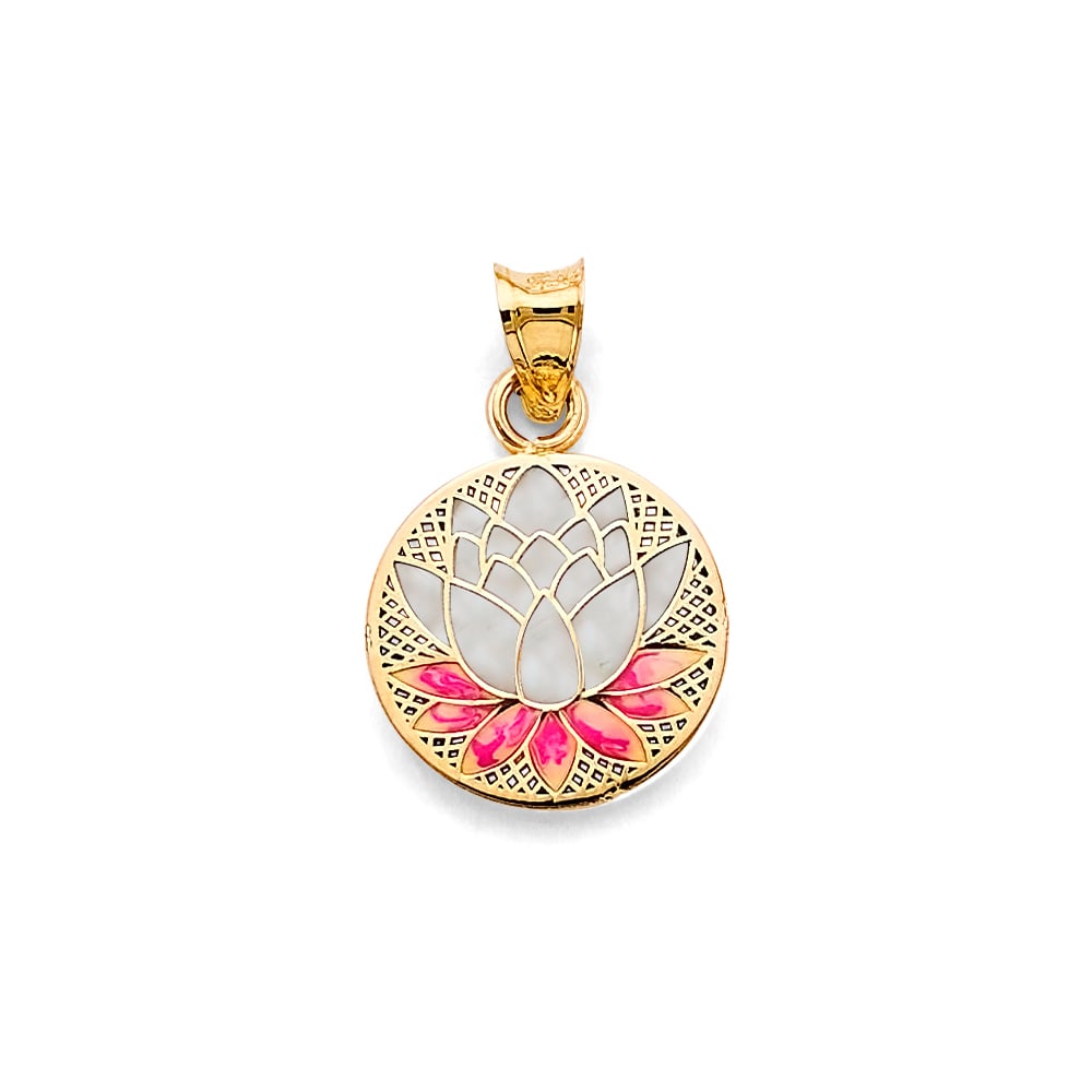14KY LOTUS FLOWER PENDANT: 14KY Lotus Flower Pendant Type: Pendant Material Type: 14k Gold Material Color: Yellow Avg. Weight: 1.22 Gr. Size: Height : 20 mm, Width : 13 mm Accessories: None Notice: When purchasing p