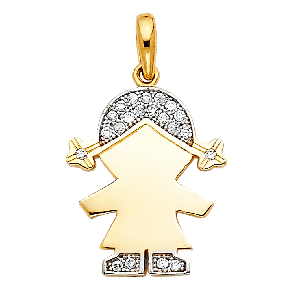 14K 2T CZ GIRL PENDANT: 14K 2T CZ Girl Pendant Type: Pendant Material Type: 14k Gold Material Color: Yellow Avg. Weight: 1.65 Gr. Size: Height : 16 mm,Width : 12 mm Accessories: None Notice: When purchasing pre-o