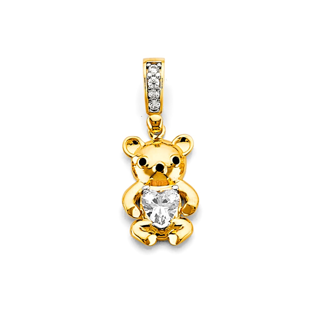 14KY CZ PINK HEART TEDDY BEAR PENDANT: 14KY CZ Pink Heart Teddy Bear Pendant Type: Pendant Material Type: 14k Gold Material Color: Yellow Avg. Weight: 1.81 Gr. Size: Height : 25 mm, Width : 10 mm Accessories: None Notice: When