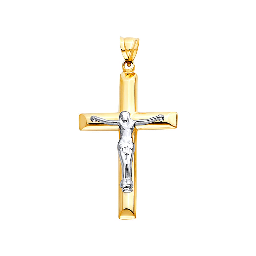 14K 2T HOLLOW CROSS WITH JESUS: 14K 2T Hollow Cross with Jesus Type: Pendant Material Type: 14k Gold Material Color: Two Tone Avg. Weight: 1.66 Gr. Size: Height : 45 mm, Width : 25 mm Accessories: None Notice: When purchasing