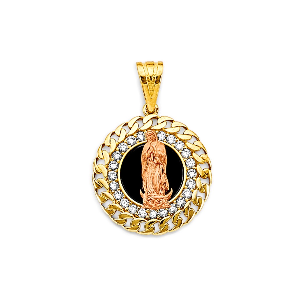 14K 2T CZ ONYX GUADALUPE PENDANT: 14K 2T CZ Onyx Guadalupe Pendant Type: Pendant Material Type: 14k Gold Material Color: Two Tone Avg. Weight: 2.47 Gr. Size: Height : 25 mm, Width : 17 mm Accessories: None Notice: When pur