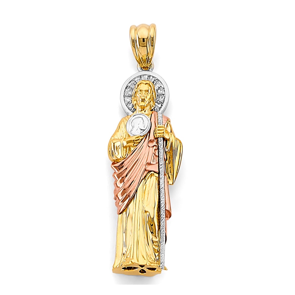 14K 3C CZ ST. JUDE THADDUES 3D PENDANT: 14K 3C CZ St. Jude Thaddues 3D Pendant Type: Pendant Material Type: 14k Gold Material Color: Tri Color Avg. Weight: 7.83 Gr. Size: Height : 50 mm, Width : 15 mm Accessories: None Notice: When