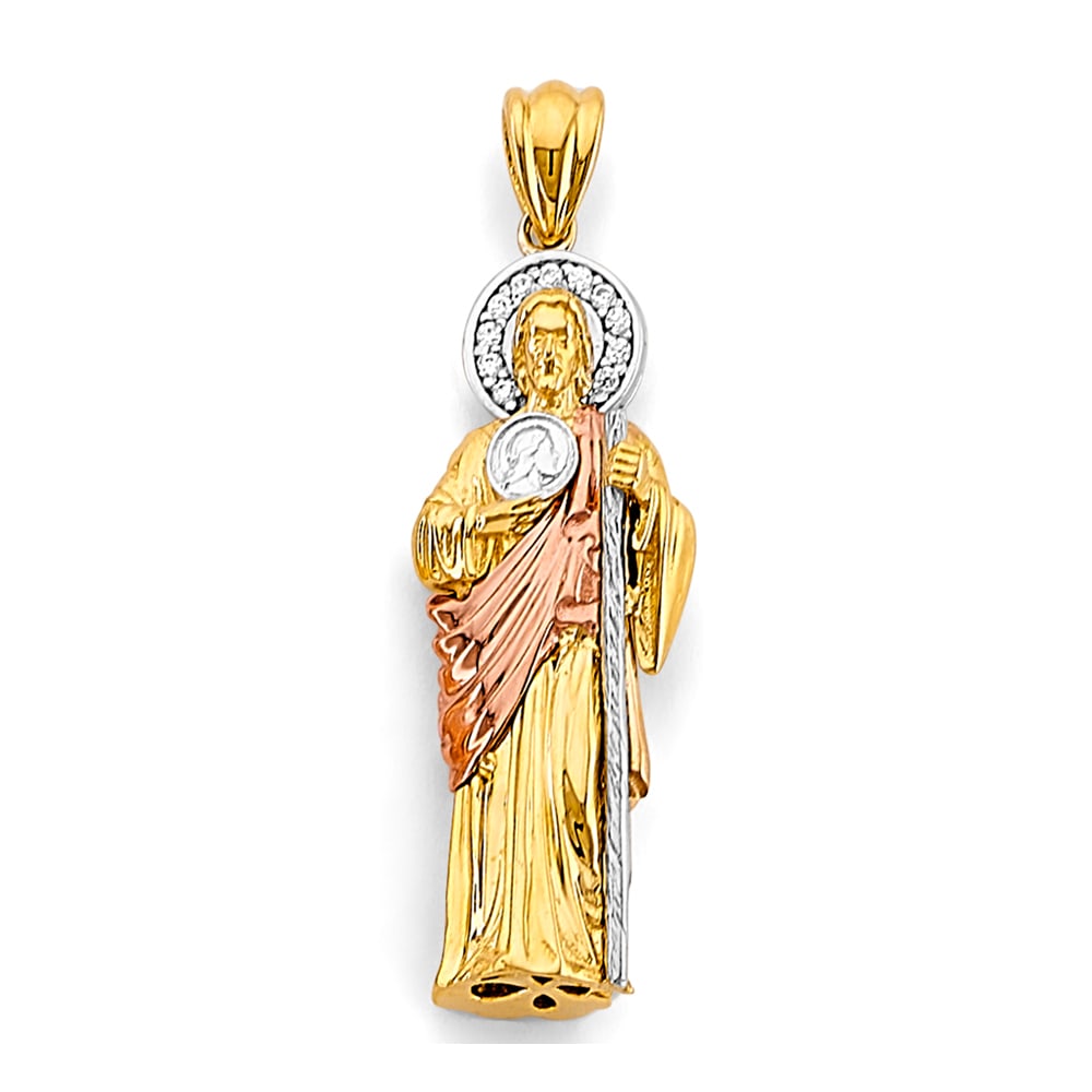 14K 3C CZ ST. JUDE THADDUES 3D PENDANT: 14K 3C CZ St. Jude Thaddues 3D Pendant Type: Pendant Material Type: 14k Gold Material Color: Tri Color Avg. Weight: 4.69 Gr. Size: Height : 40 mm, Width : 12 mm Accessories: None Notice: W