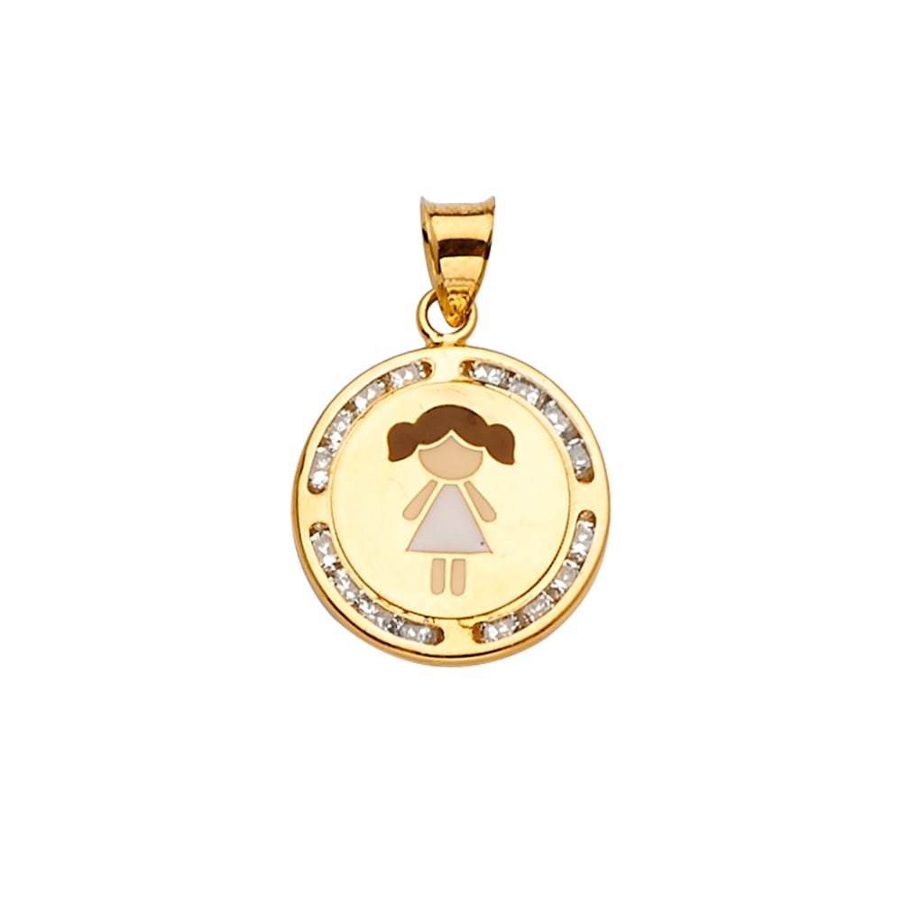 14KY CZ ENAMEL GIRL PENDANT: 14KY CZ Enamel Girl Pendant Type: Pendant Material Type: 14k Gold Material Color: Yellow Avg. Weight: 1.4 Gr Size: Height : 21 mm Width : 15 mm Accessories: None Notice: When purchasing pre-owned