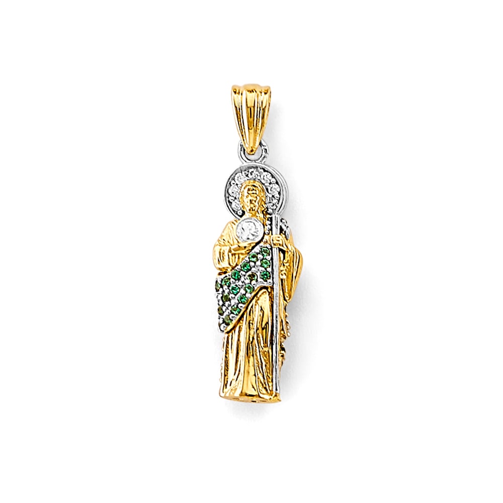 14K 2T CZ ST. JUDE THADDUES 3D PENDANT: 14K 2T CZ St. Jude Thaddues 3D Pendant Type: Pendant Material Type: 14k Gold Material Color: Two Tone Avg. Weight: 2.3 Gr. Size: Height : 25 mm, Width : 7 mm Accessories: None Notice: When purchasing