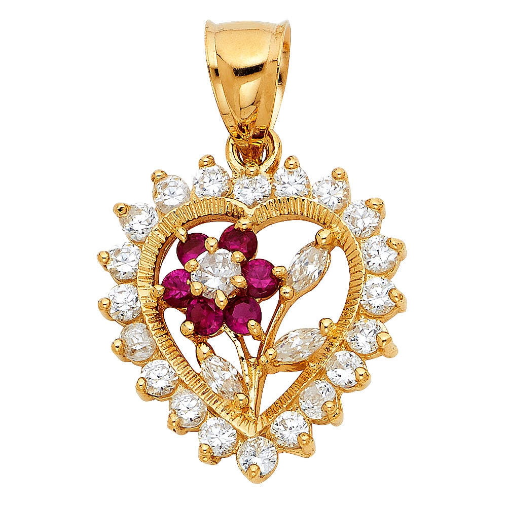 14KY CZ HEART WITH FLOWER PENDANT: 14KY CZ Heart with Flower Pendant Type: Pendant Material Type: 14k Gold Material Color: Yellow Avg. Weight: 4.25 Gr. Size: Height : 25 mm Width : 23 mm Accessories: None Notice: When purchasing