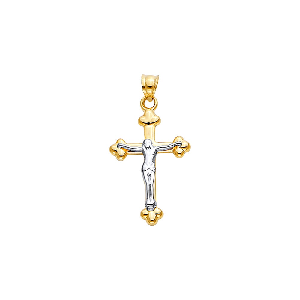 14K 2T HOLLOW CROSS WITH JESUS: 14K 2T Hollow Cross with Jesus Type: Pendant Material Type: 14k Gold Material Color: Two Tone Avg. Weight: 0.96 Gr. Size: Height : 30 mm, Width : 15 mm Accessories: None Notice: When purch