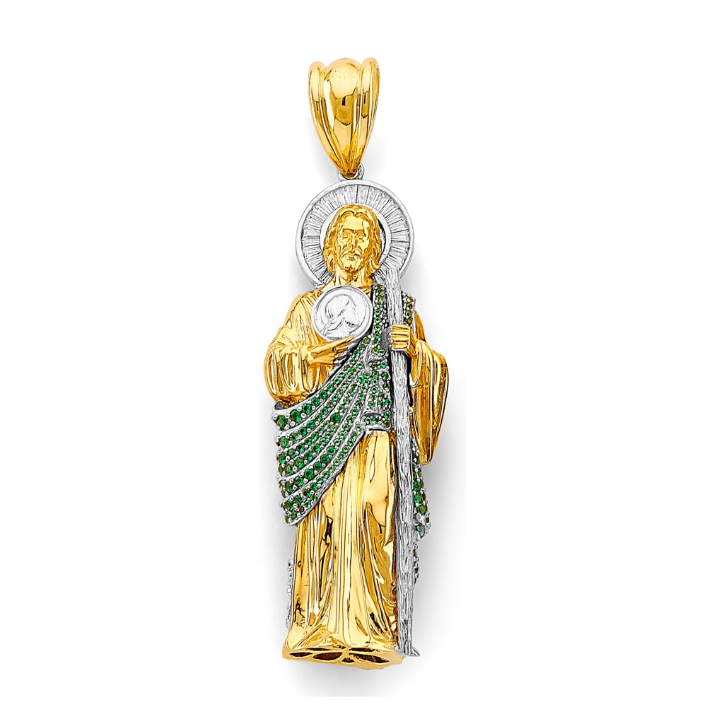 14K 2T CZ ST. JUDE THADDUES 3D PENDANT: 14K 2T CZ St. Jude Thaddues 3D Pendant Type: Pendant Material Type: 14k Gold Material Color: Two Tone Avg. Weight: 25.9 Gr. Size: Height : 85 mm, Width : 25 mm Accessories: None Notice: When