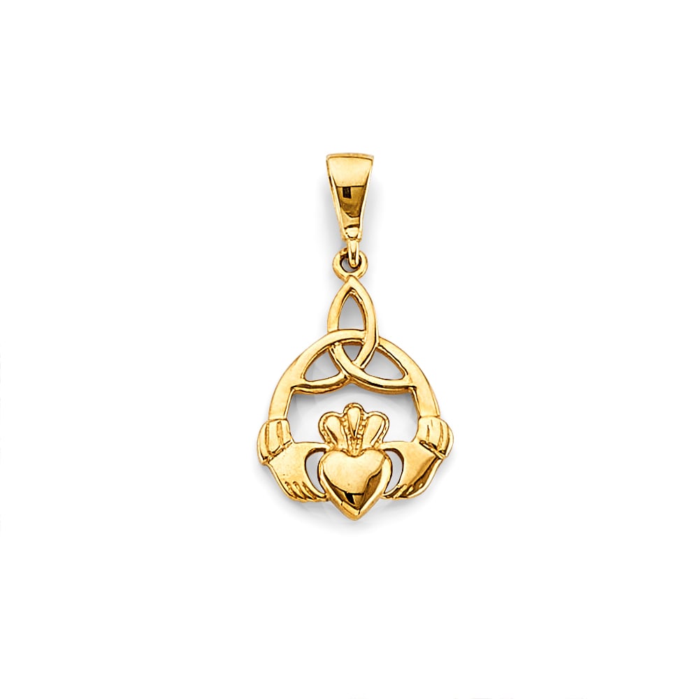 14KY CLADDAGH PENDANT: 14KY Claddagh Pendant Type: Pendant Material Type: 14k Gold Material Color: Yellow Avg. Weight: 1.1 Gr. Size: Height : 20 mm, Width : 10 mm Accessories: None Notice: When purchasing pre-ow