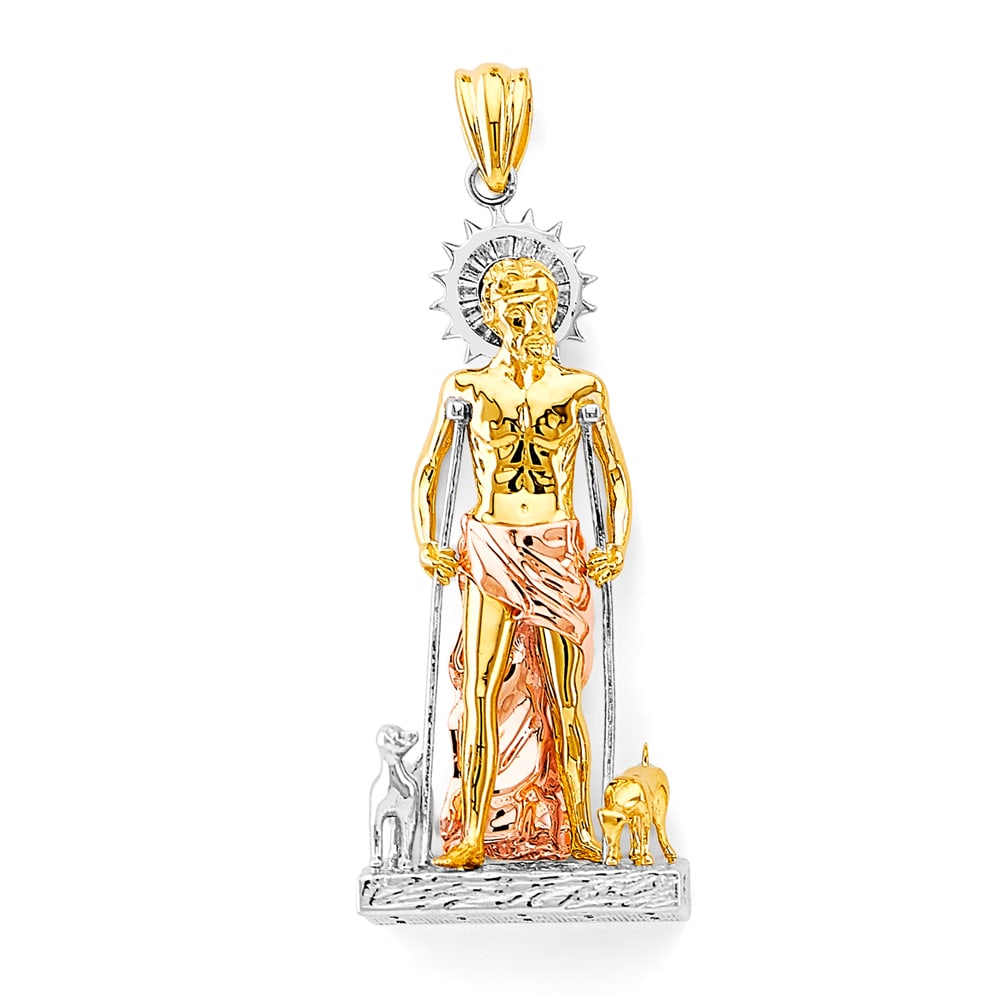 14K 3C CZ SAN LAZARO 3D PENDANT: 14K 3C CZ San Lazaro 3D Pendant Type: Pendant Material Type: 14k Gold Material Color: Tri Color Avg. Weight: 17.22 Gr. Size: Height : 60 mm, Width : 25 mm Accessories: None Notice: When purchasing