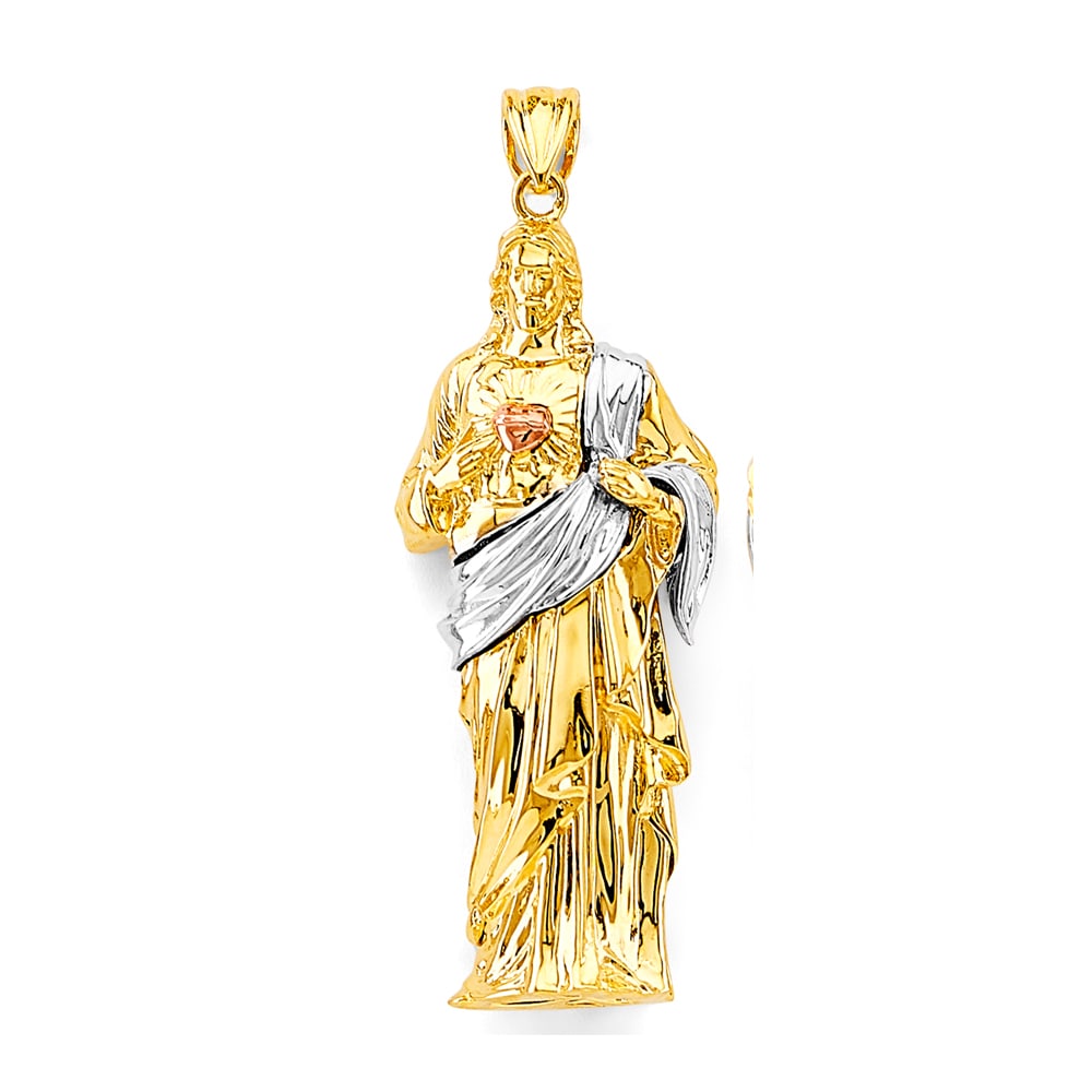 14K 3C SAC RED HEART OF JESUS 3D PENDANT: 14K 3C Sac Red Heart of Jesus 3D Pendant Type: Pendant Material Type: 14k Gold Material Color: Tri Color Avg. Weight: 14.62 Gr. Size: Height : 60 mm, Width : 15 mm Accessories: None Notice