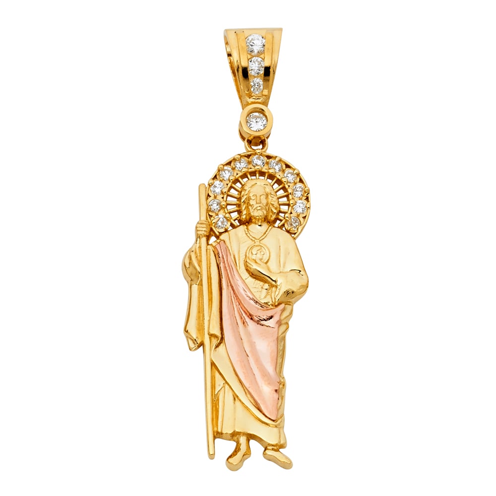 14K 2T CZ ST. JUDE THADDEUS PENDANT: 14K 2T CZ St. Jude Thaddeus Pendant Type: Pendant Material Type: 14k Gold Material Color: Two Tone Avg. Weight: 6.2 Gr. Size: Height : 55 mm,Width : 15 mm Accessories: None Notice: When pu