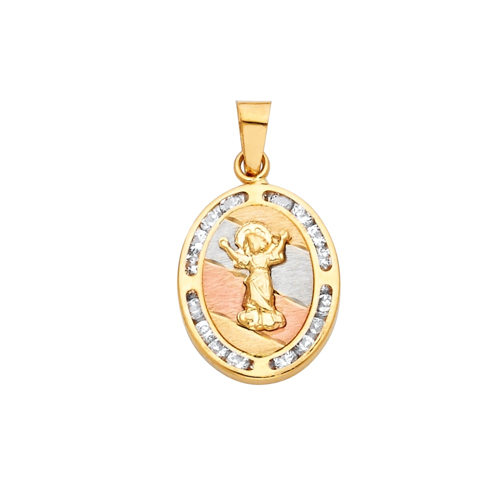 14K 3C CZ RELIGIOUS PENDANT: 14K 3C CZ Religious Pendant Type: Pendant Material Type: 14k Gold Material Color: Tri Color Avg. Weight: 1.31 Gr. Size: Height : 20 mm, Width : 16 mm Accessories: None Notice: When purchas
