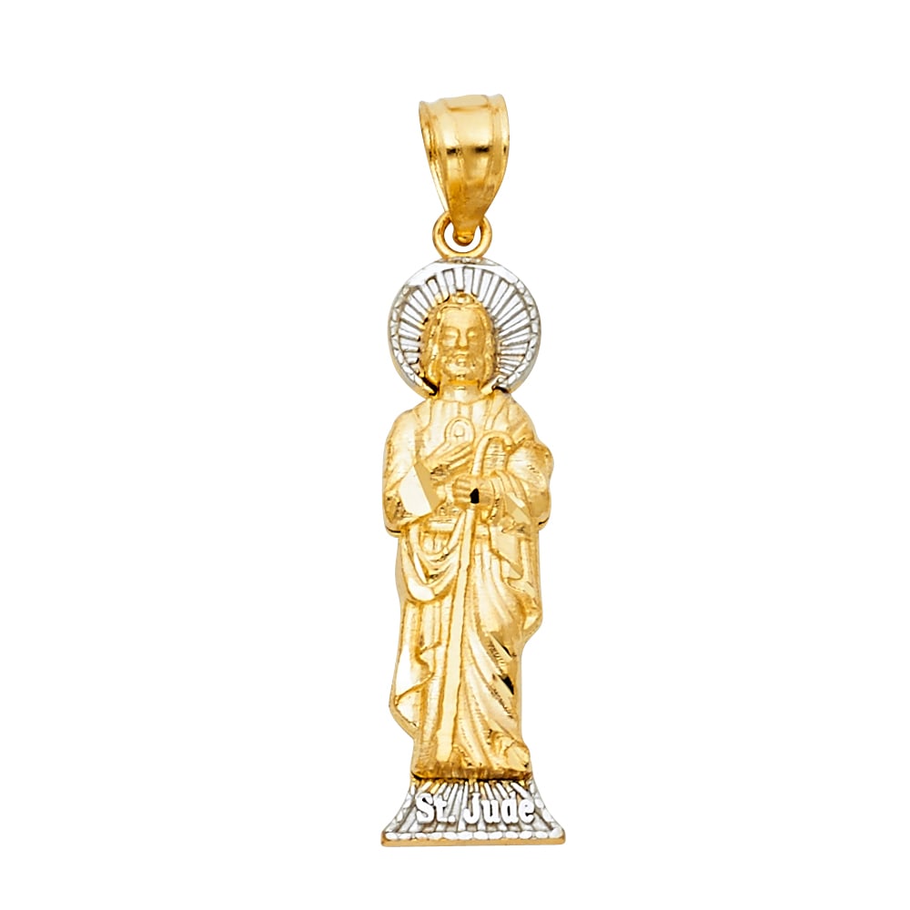 14K 2T CZ ST. JUDE THADDEUS PENDANT: 14K 2T CZ St. Jude Thaddeus Pendant Type: Pendant Material Type: 14k Gold Material Color: Two Tone Avg. Weight: 2.04 Gr. Size: Height : 30 mm,Width : 8 mm Accessories: None Notice: When pu