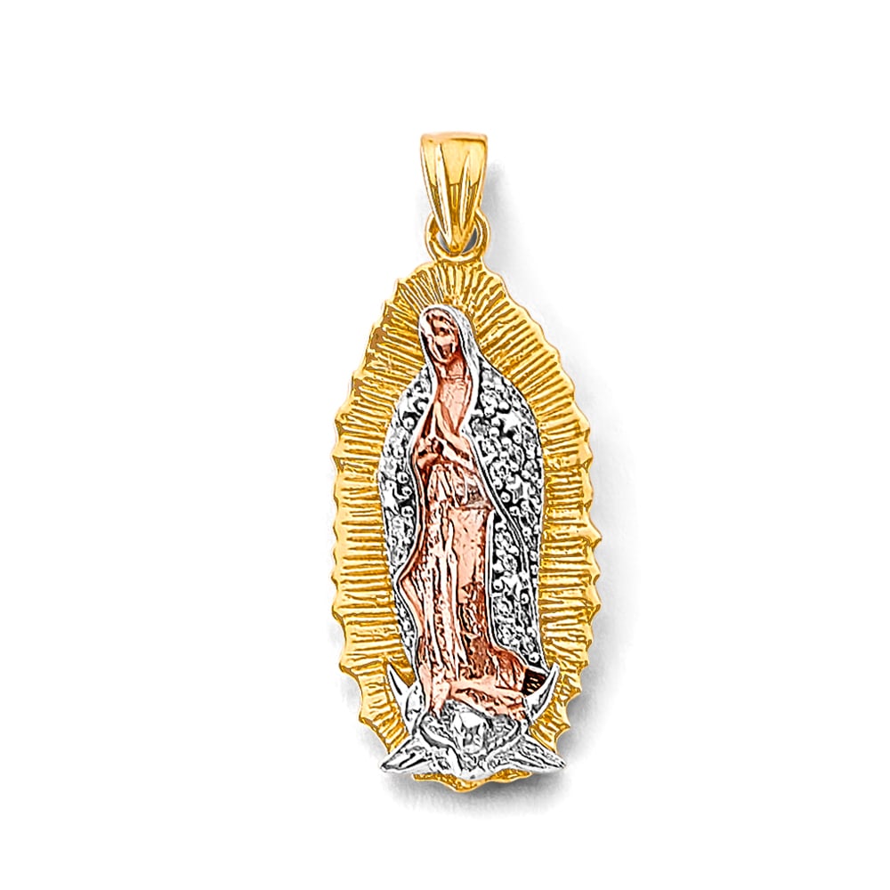 14K 3C CZ GUADALUPE PENDANT: 14K 3C CZ Guadalupe Pendant Type: Pendant Material Type: 14k Gold Material Color: Tri Color Avg. Weight: 4.28 Gr. Size: Height : 30 mm, Width : 13 mm Accessories: None Notice: When purchasing