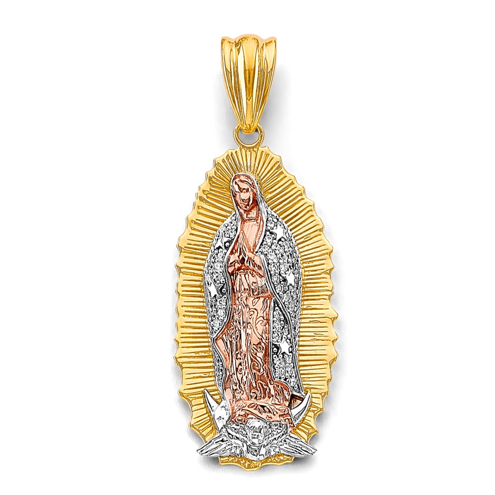 14K 3C CZ GUADALUPE PENDANT: 14K 3C CZ Guadalupe Pendant Type: Pendant Material Type: 14k Gold Material Color: Tri Color Avg. Weight: 12.44 Gr. Size: Height : 55 mm, Width : 20 mm Accessories: None Notice: When purchasing