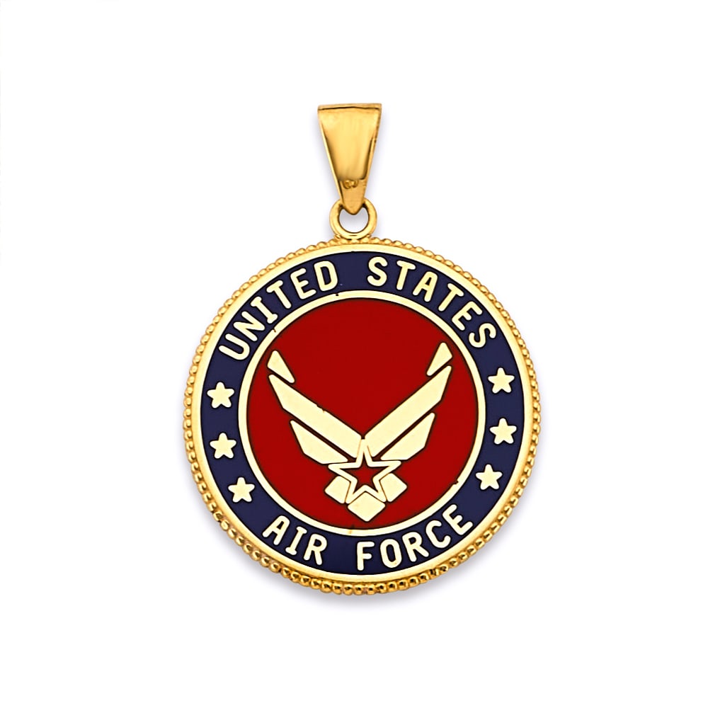 14KY US AIR FORCE DOUBLE SIDED PENDANT: 14KY US Air Force Double Sided Pendant Type: Pendant Material Type: 14k Gold Material Color: Yellow Avg. Weight: 3.14 Gr. Size: Height : 25 mm, Width : 20 mm Accessories: None Notice: When