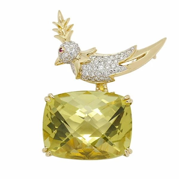 BIRD MOTIF LEMON QUARTZ DIAMOND RUBY BROOCH: Bird Motif Lemon Quartz Diamond Ruby Brooch Brand: Unbranded Type/Style: Brooche Material: 18K YG/WG, Main Stone Quartz Color: YG/WG Size: Size Bird motif: approx. W31mm x H22mm * Regarding the size,
