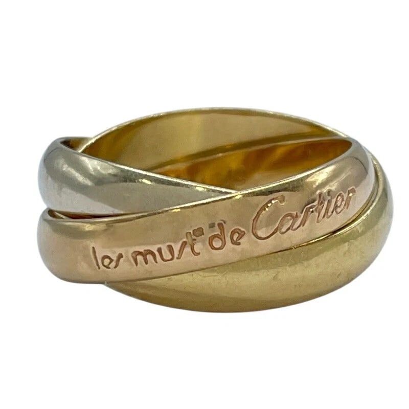 CARTIER TRINITY RING 18K PG/WG JEWELRY: Cartier Trinity Ring 18K PG/WG Jewelry Brand: Cartier Type/Style: Ring Material: 18K PG/WG/YG Color: PG/WG/YG Size: 4.5 US Accessories: None Accessories Notice: When purchasing pre-owned g