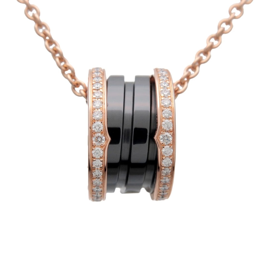 BVLGARI B-ZERO1 DIAMOND NECKLACE 18K BLACK CERAMIC: Bvlgari B-Zero1 Diamond Necklace 18K Black Ceramic Brand: Bvlgari Type/Style: Necklace Material: 18K PG Black Ceramic Color: PG Size: Size W: 14.7 mm H: 14.7 mm D: 9.0 mm ?Chain length (neck circumfer