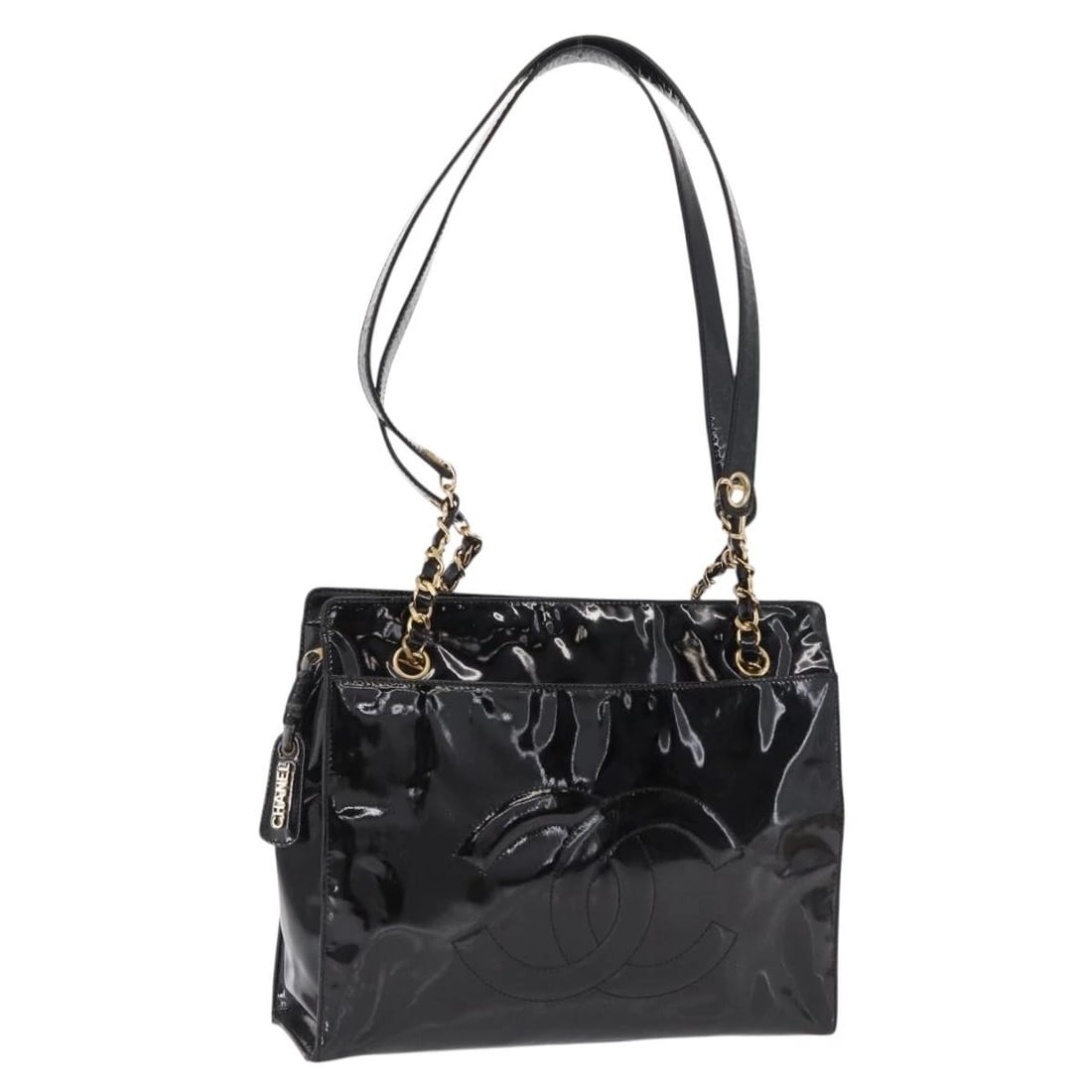 CHANEL COCO MARK SHOULDER BAG: CHANEL COCO Mark Shoulder Bag Brand: CHANEL Type/Style: Shoulder Bag Material: Patent Leather Color: Black/Gold Size: Size(Inch) W12.2 x H10.2 x D4.3inch(Approx) Accessories: None Accessories Notice: