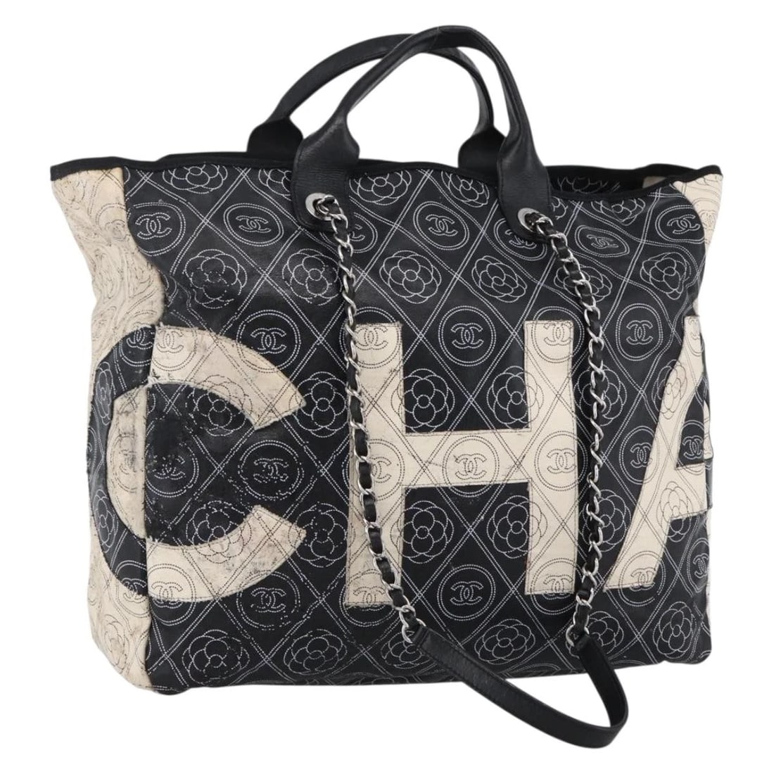 CHANEL CHAIN MATELASSE SHOULDER BAG: CHANEL Chain Matelasse Shoulder Bag Brand: CHANEL Type/Style: Shoulder Bag Material: Coated Canvas Color: Black/Silver Size: Size(Inch) W15.0 x H12.6 x D4.7inch(Approx) Accessories: None A