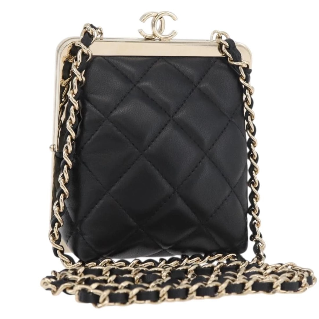 CHANEL MATELASSE CHAIN SHOULDER BAG LAMB SKIN BLACK GOLD: CHANEL Matelasse Chain Shoulder Bag Lamb Skin Black Gold Brand: CHANEL Type/Style: Shoulder Bag Material: Lamb Skin Color: Black/Gold Size: Size(Inch) W3.5 x H4.3 x D1.2inch(Approx) Accessories: N