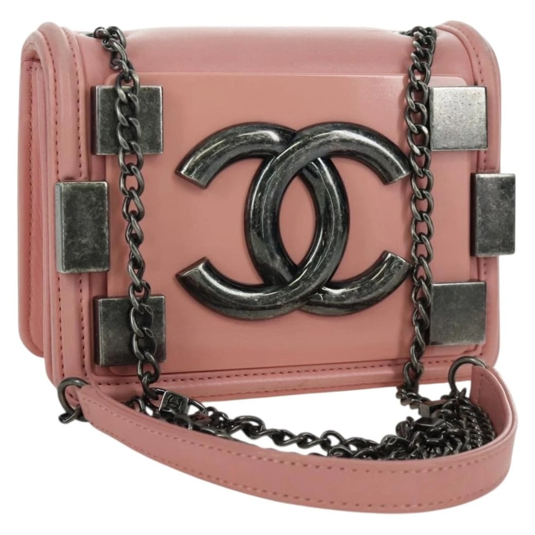 CHANEL LEGO BOY CHAIN SHOULDER BAG LAMB SKIN: CHANEL Lego Boy Chain Shoulder Bag Lamb Skin Brand: CHANEL Type/Style: Shoulder Bag Material: Lamb Skin Color: Pink Size: W5.9 x H4.3 x D1.2inch(Approx) Accessories: None Accessories Notic