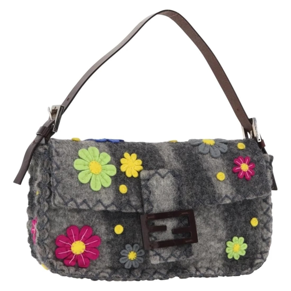 FENDI FLORAL MAMMA BAGUETTE SHOULDER BAG: FENDI Floral Mamma Baguette Shoulder Bag Brand: FENDI Type/Style: Shoulder Bag Material: Cotton Color: Gray/Silver Size: W10.6 x H5.5 x D2.4inch(Approx) Accessories: None Accessories Notic