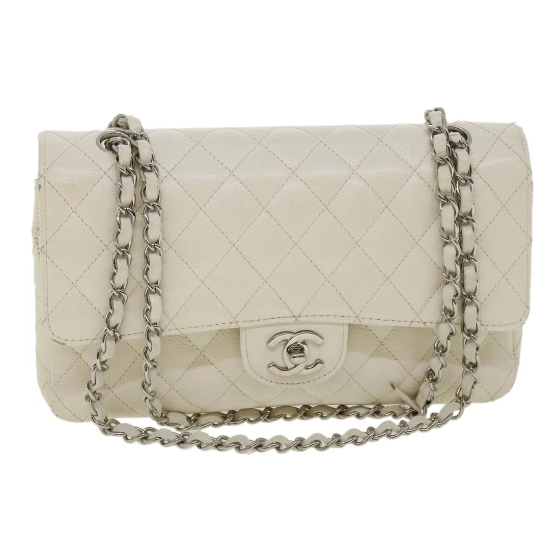 CHANEL CHAIN SHOULDER BAG GRAINED: CHANEL Chain Shoulder Bag Grained Brand: CHANEL Type/Style: Shoulder Bag Material: Leather/Caviar Skin Color: White Size: W9.8 x H6.3 x D2.8inch(Approx) Accessories: None Accessories Notic