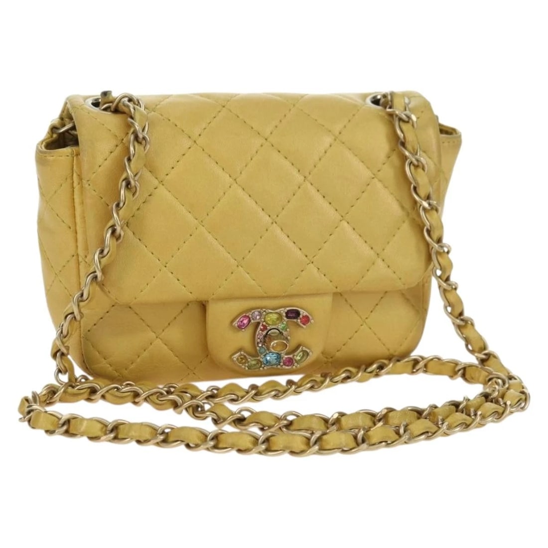 CHANEL MINI MATELASSE 16 CHAIN BAG LAMB SKIN: CHANEL Mini Matelasse 16 Chain Bag Lamb Skin Brand: CHANEL Type/Style: Shoulder Bag Material: Lamb Skin Color: Yellow/Gold Size: W6.3 x H3.9 x D2.0inch(Approx) Accessories: None Accessories Notice: