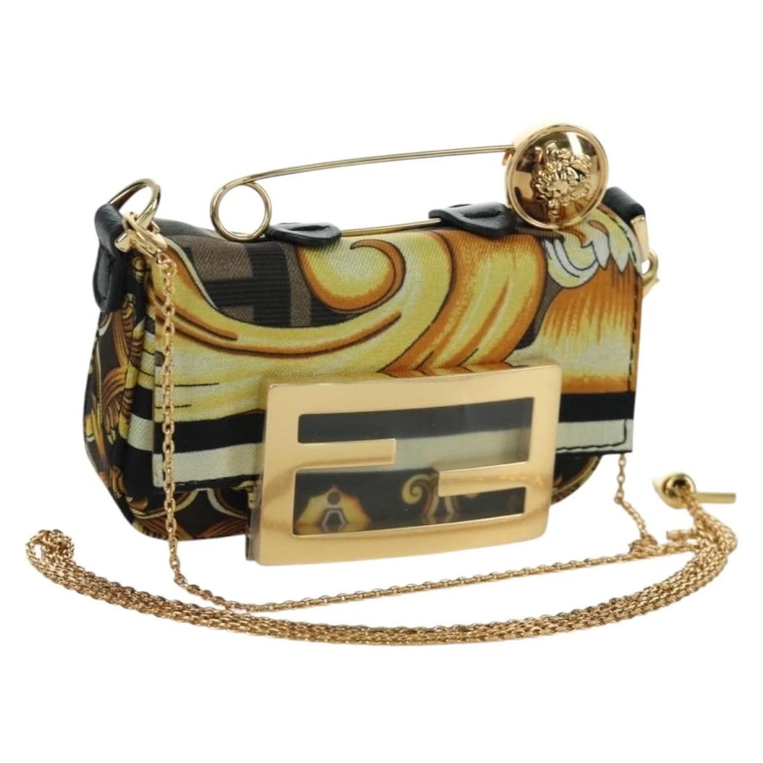 FENDI ? VERSACE FENDACE MAMMA BAGUETTE POUCH: FENDI ? VERSACE FENDACE Mamma Baguette Pouch Brand: FENDI Type/Style: Pouch Material: Nylon Color: Black/Gold Tone Size: W3.9 x H2.4 x D0.8inch(Approx) Accessories: None Accessories Notice