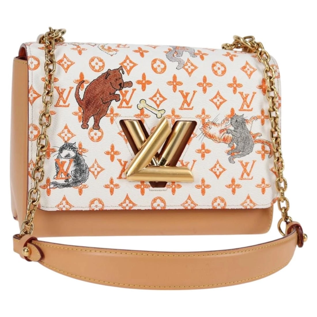 LOUIS VUITTON CATGRAM TWIST MM SHOULDER BAG: LOUIS VUITTON Catgram Twist MM Shoulder Bag Brand: LOUIS VUITTON Type/Style: Shoulder Bag Material: Monogram Canvas Color: Monogram/White Size: W9.1 x H5.9 x D3.5inch(Approx) Accessories: None