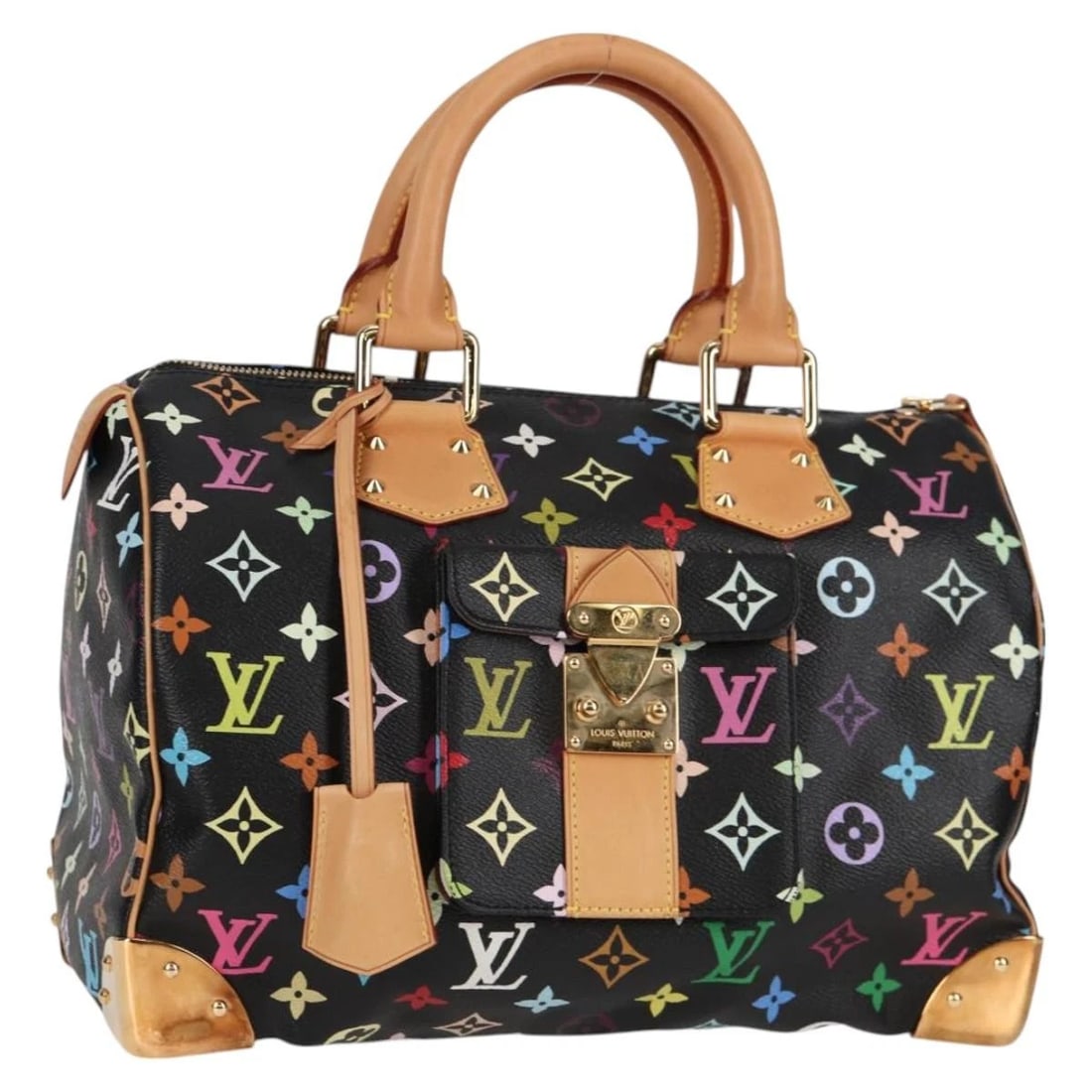 LOUIS VUITTON MULTICOLOR SPEEDY 30 HAND BAG: LOUIS VUITTON Multicolor Speedy 30 Hand Bag Brand: LOUIS VUITTON Type/Style: Hand Bag Material: Monogram Multicolor Canvas Color: Black Size: W11.8 x H8.7 x D7.1inch(Approx) Accessories: None