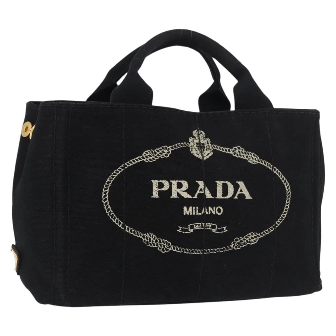 PRADA CANAPA PM HAND BAG CANVAS: PRADA Canapa PM Hand Bag Canvas Brand: PRADA Type/Style: Hand Bag Material: Canvas Color: Black/Gold Size: W10.6 x H7.5 x D5.5inch(Approx) Accessories: None Accessories Notice: When purcha