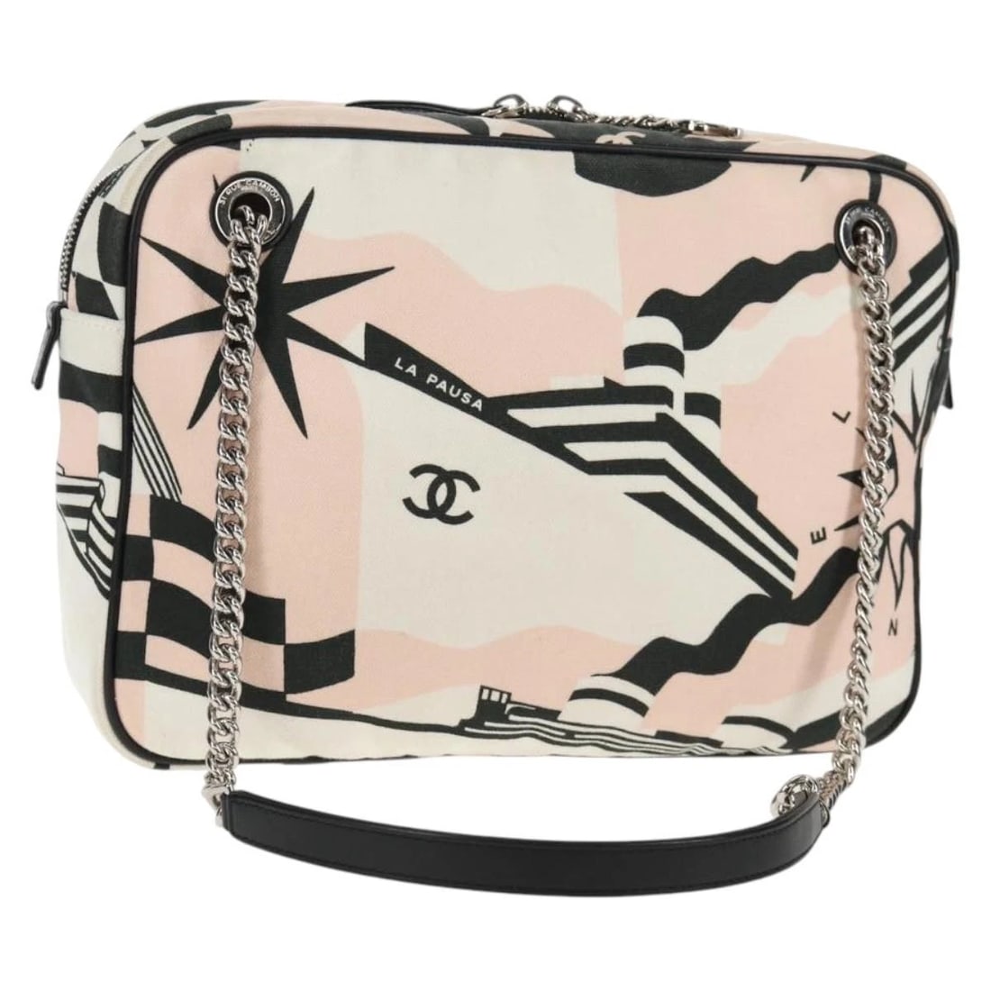 CHANEL CHAIN CRUISE LINE SHOULDER BAG CANVAS: CHANEL Chain Cruise line Shoulder Bag Canvas Brand: CHANEL Type/Style: Shoulder Bag Material: Canvas Color: Pink/Silver Size: W11.0 x H8.3 x D2.8inch(Approx) Accessories: None Accessories