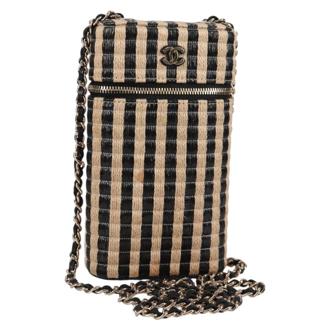 CHANEL CHAIN PHONE CASE RAFFIA BEIGE GOLD: CHANEL Chain Phone Case Raffia Beige Gold Brand: CHANEL Type/Style: Shoulder Bag Material: Wood Color: Beige/Gold Size: W3.9 x H7.1 x D1.6inch(Approx) Accessories: None Accessories Notice: