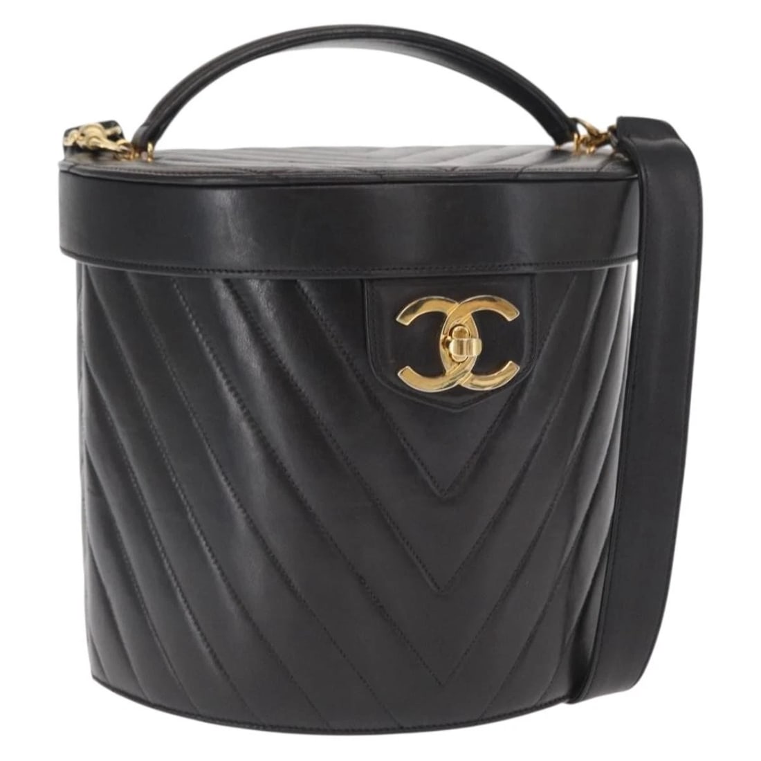 CHANEL V STITCH VANITY HAND BAG LAMB SKIN 2WAYV: CHANEL V Stitch Vanity Hand Bag Lamb Skin 2wayV Brand: CHANEL Type/Style: Hand Bag Material: Leather/Lamb Skin Color: Black/Gold Size: W8.7 x H8.7 x D5.5inch(Approx) Accessories: None Acce