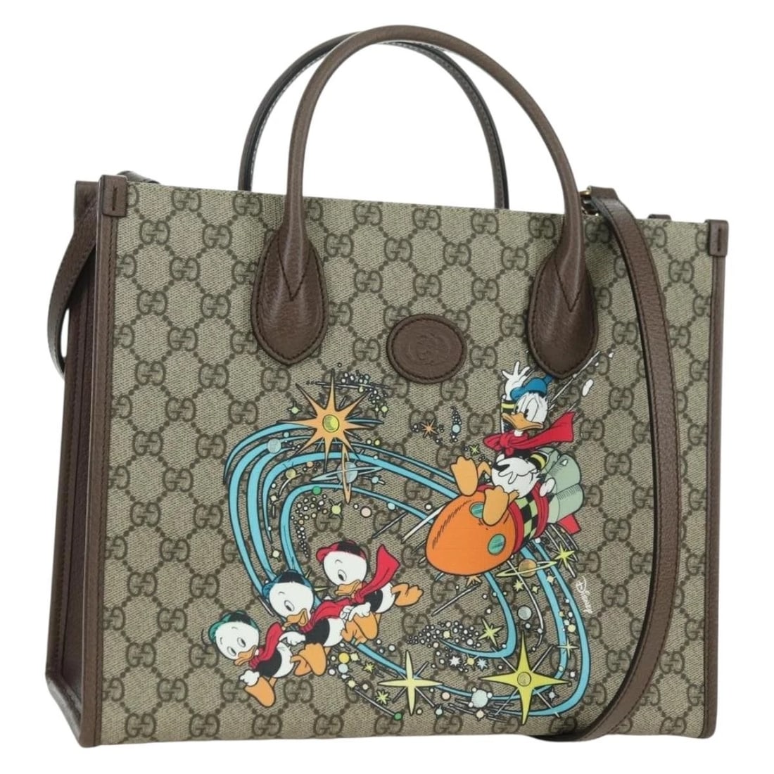 GUCCI GG SUPREME DONALD DISNEY COLLABORATION PVC 2WAY: GUCCI GG Supreme Donald Disney Collaboration PVC 2way Brand: GUCCI Type/Style: Hand Bag Material: PVC Leather/GG Canvas Color: Beige Size: W12.2 x H9.8 x D5.1inch(Approx) Accessories: None