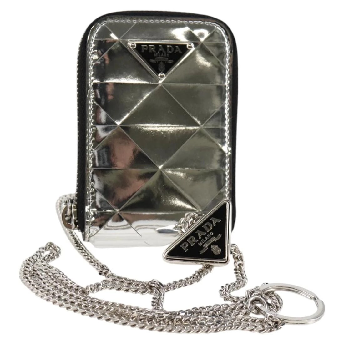 PRADA NECKLACE STRAP POUCH TRIANGLE PANEL SILVER: PRADA Necklace Strap Pouch Triangle Panel Silver Brand: PRADA Type/Style: Pouch Material: Leather Color: Silver tone Size: W2.8 x H3.9 x D0.8inch(Approx) Accessories: None Accessories Noti